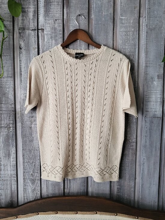 Links & Links Tops - Links & Links Vintage Beige Crochet Knit Short Sleeve Sweater Top Sz S Boho